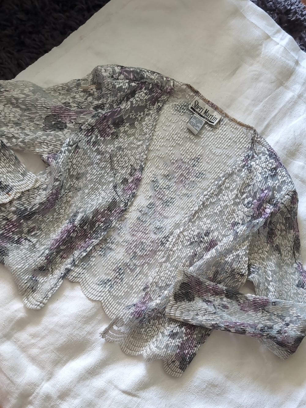 Sheri Martin Vintage Sheer Floral Scallop-Edge Cardigan in Gray and Lavender